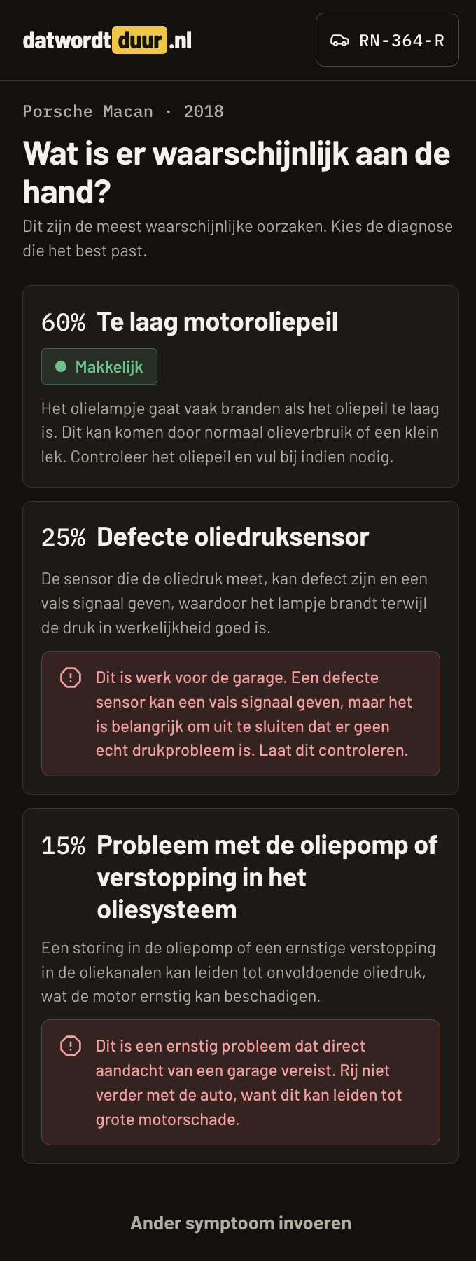 Diagnosescherm van de datwordtduur.nl-app met waarschijnlijke oorzaken en moeilijkheidsgraad